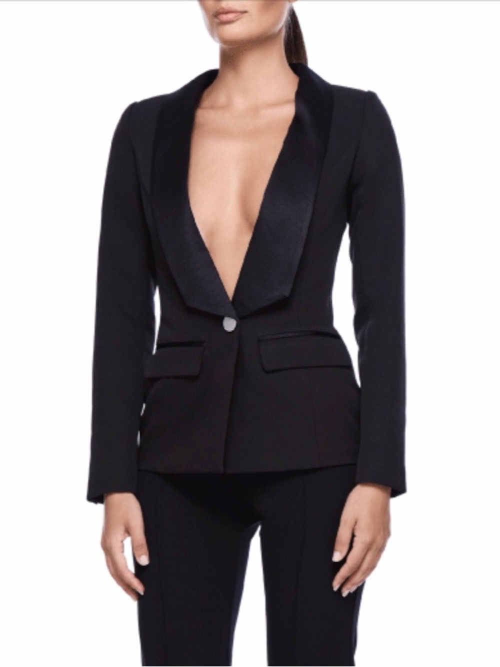 Bianca & Bridgett Black Satin Tuxedo Lapel Tailored to Perfection Milan Blazer
